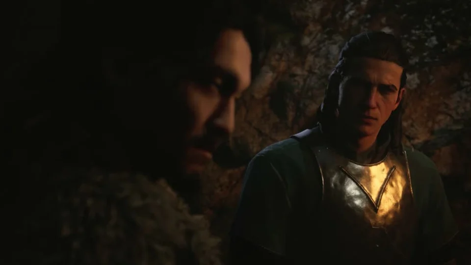 Coen speaking with another character by day in official The Blood of Dawnwalker gameplay
